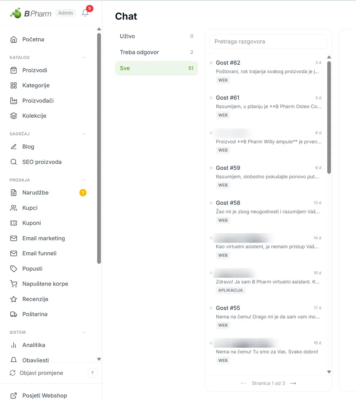 Inbox razgovora u admin panelu - razgovori sa weba i iz aplikacije na jednom mjestu, sa filterom za one koji čekaju odgovor