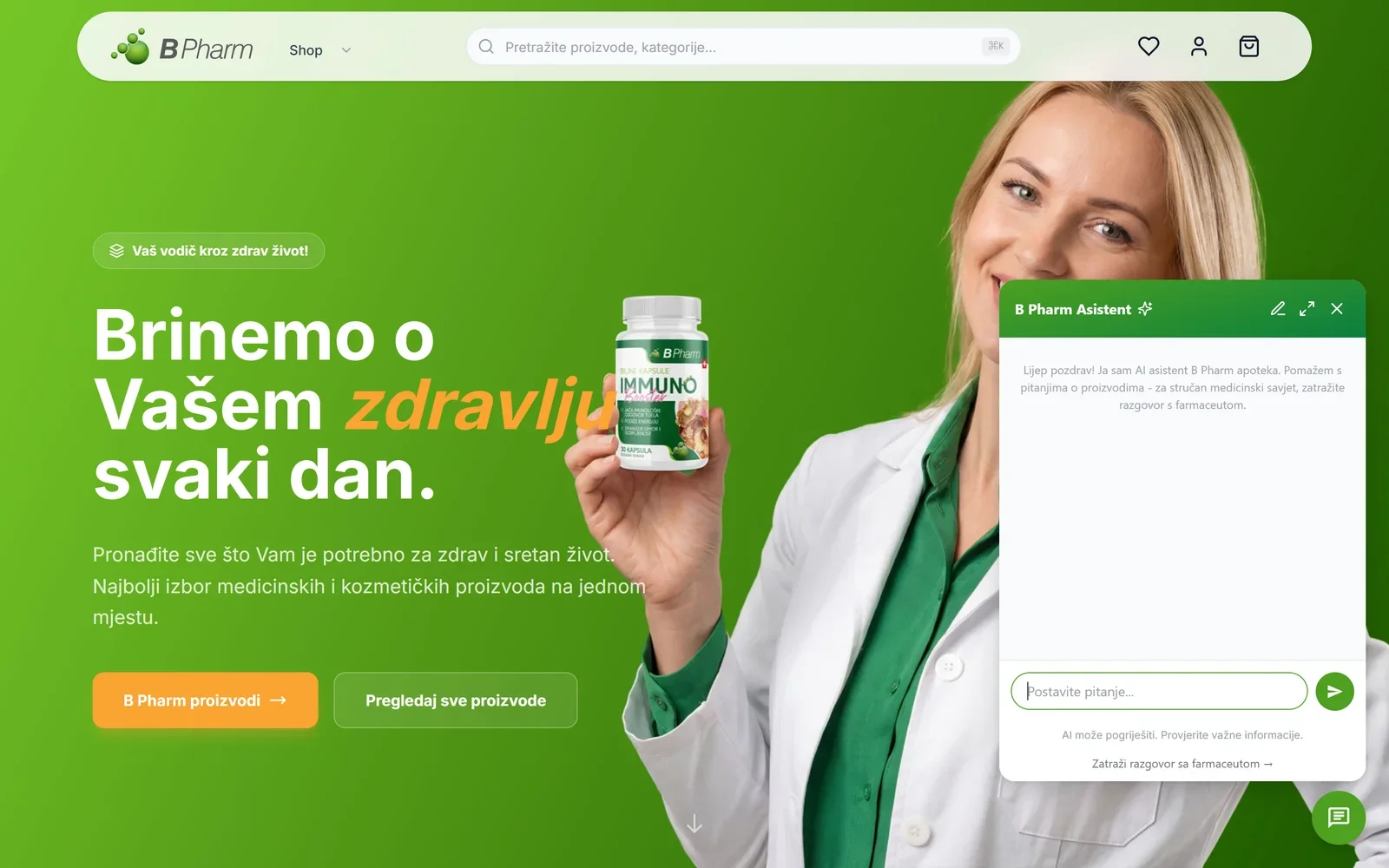 AI chatbot na B Pharm webshopu - pozdrav koji upućuje na farmaceuta za medicinski savjet