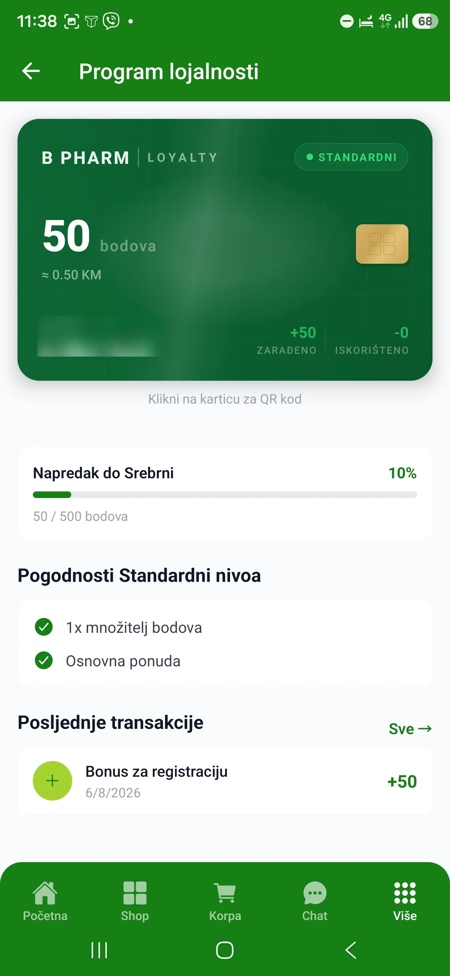 Loyalty kartica u B Pharm aplikaciji - stanje bodova, rang, napredak do sljedećeg nivoa i historija transakcija