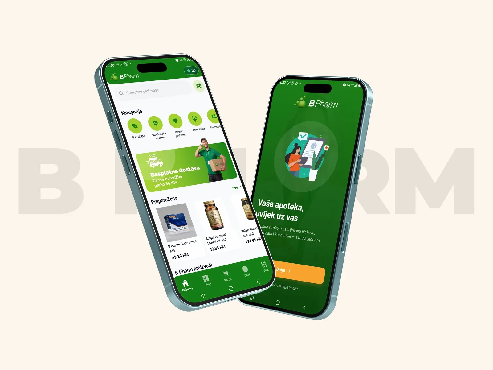B Pharm mobilna aplikacija za Android - početni ekran i onboarding
