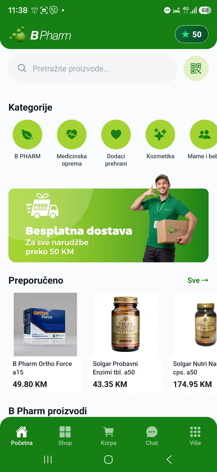 Početni ekran B Pharm aplikacije - kategorije, preporučeni proizvodi i stanje loyalty bodova