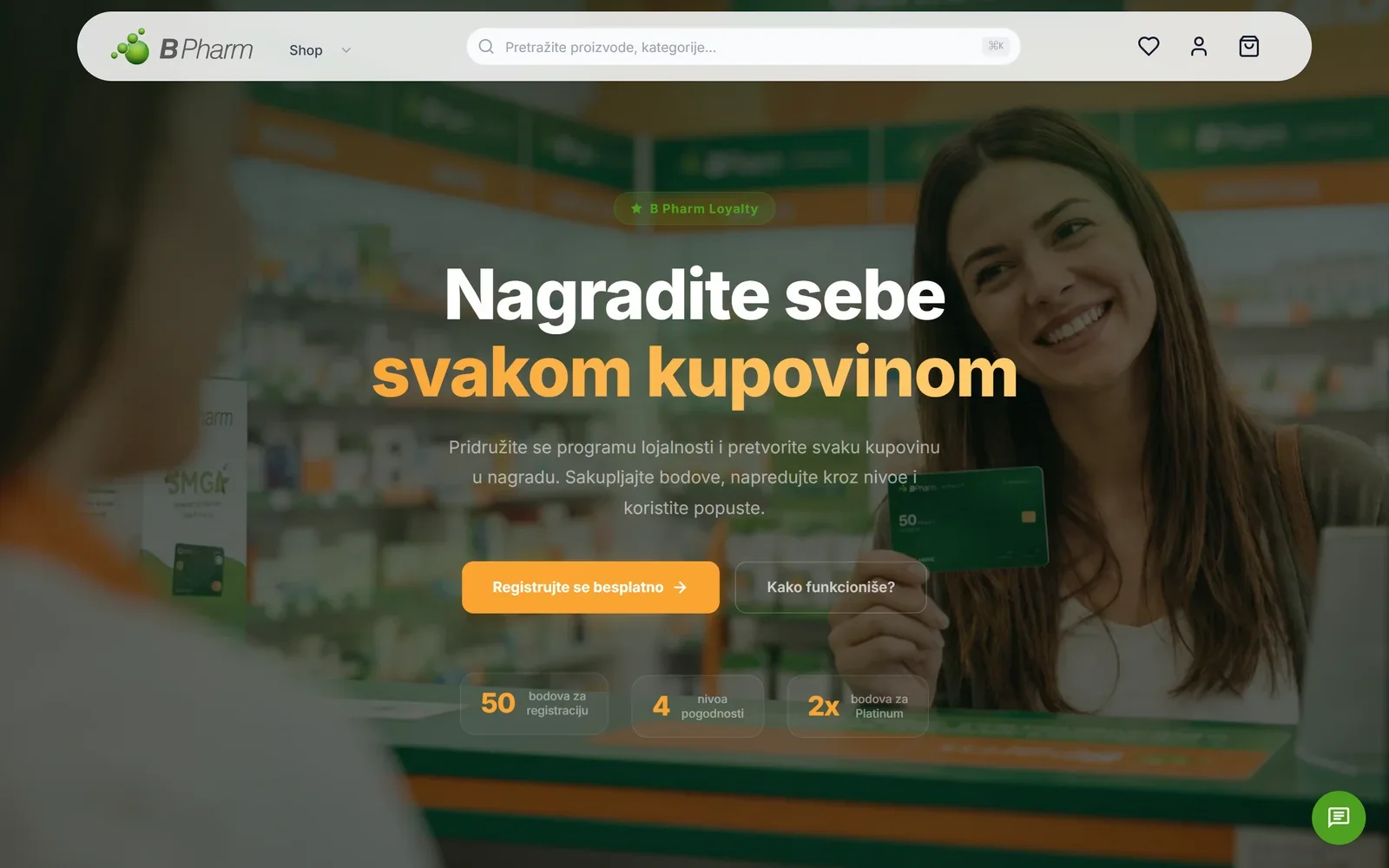 Stranica programa lojalnosti B Pharma - bodovi, četiri nivoa i registracija