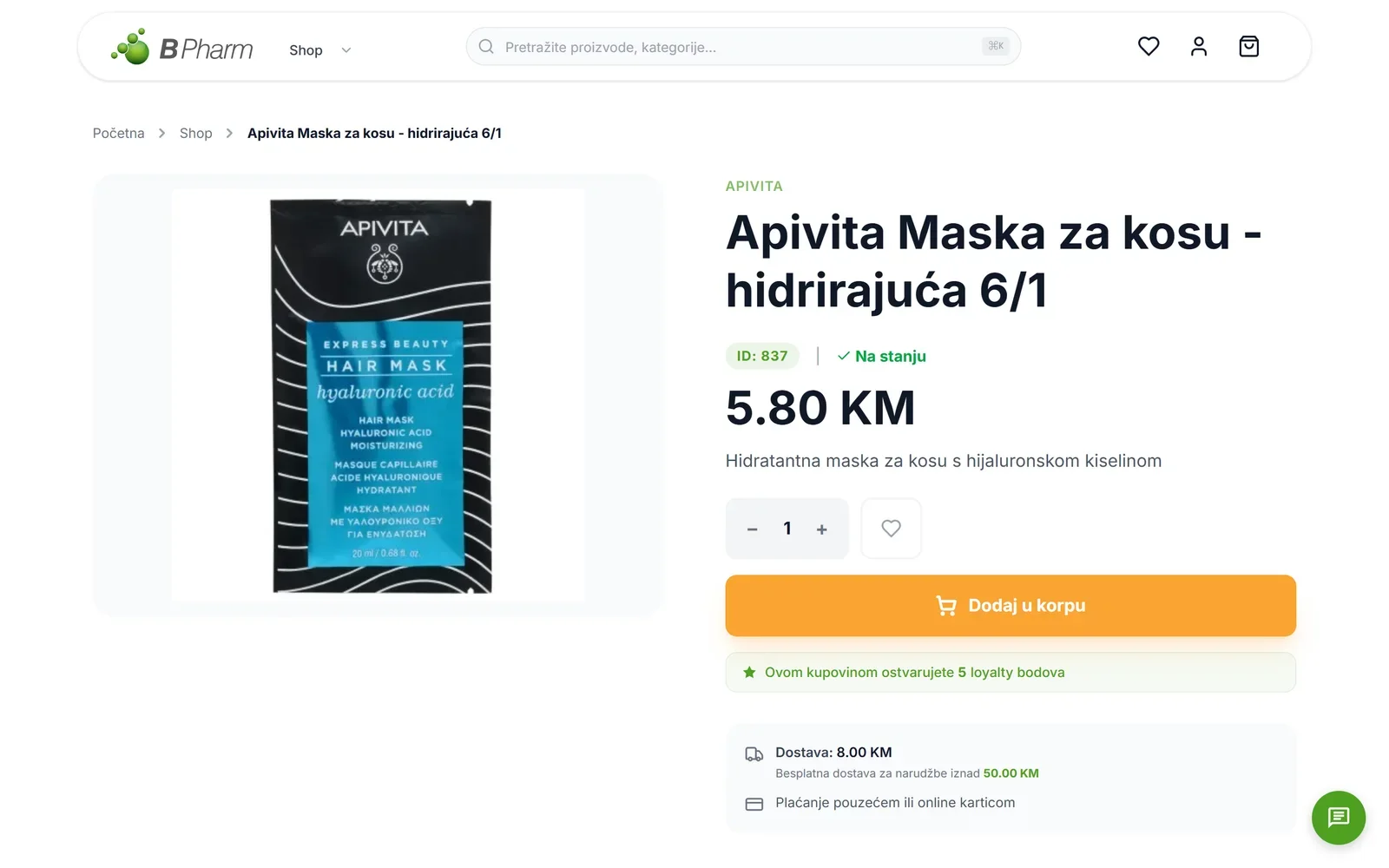 Stranica proizvoda na B Pharm webshopu - cijena, stanje, loyalty bodovi i uslovi dostave