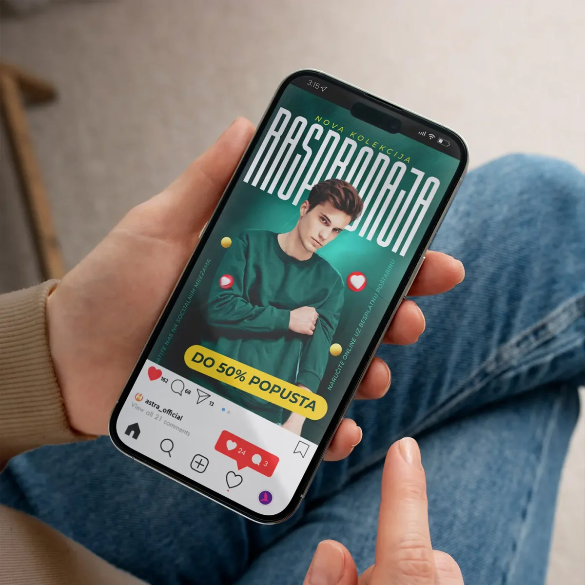 Telefon koji prikazuje kreativni dizajn reklame